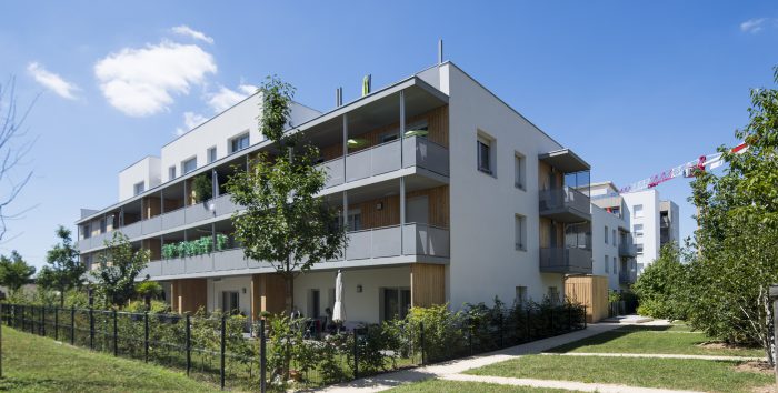 Projet immobilier neuf Green’Attitude vue angle jardins
